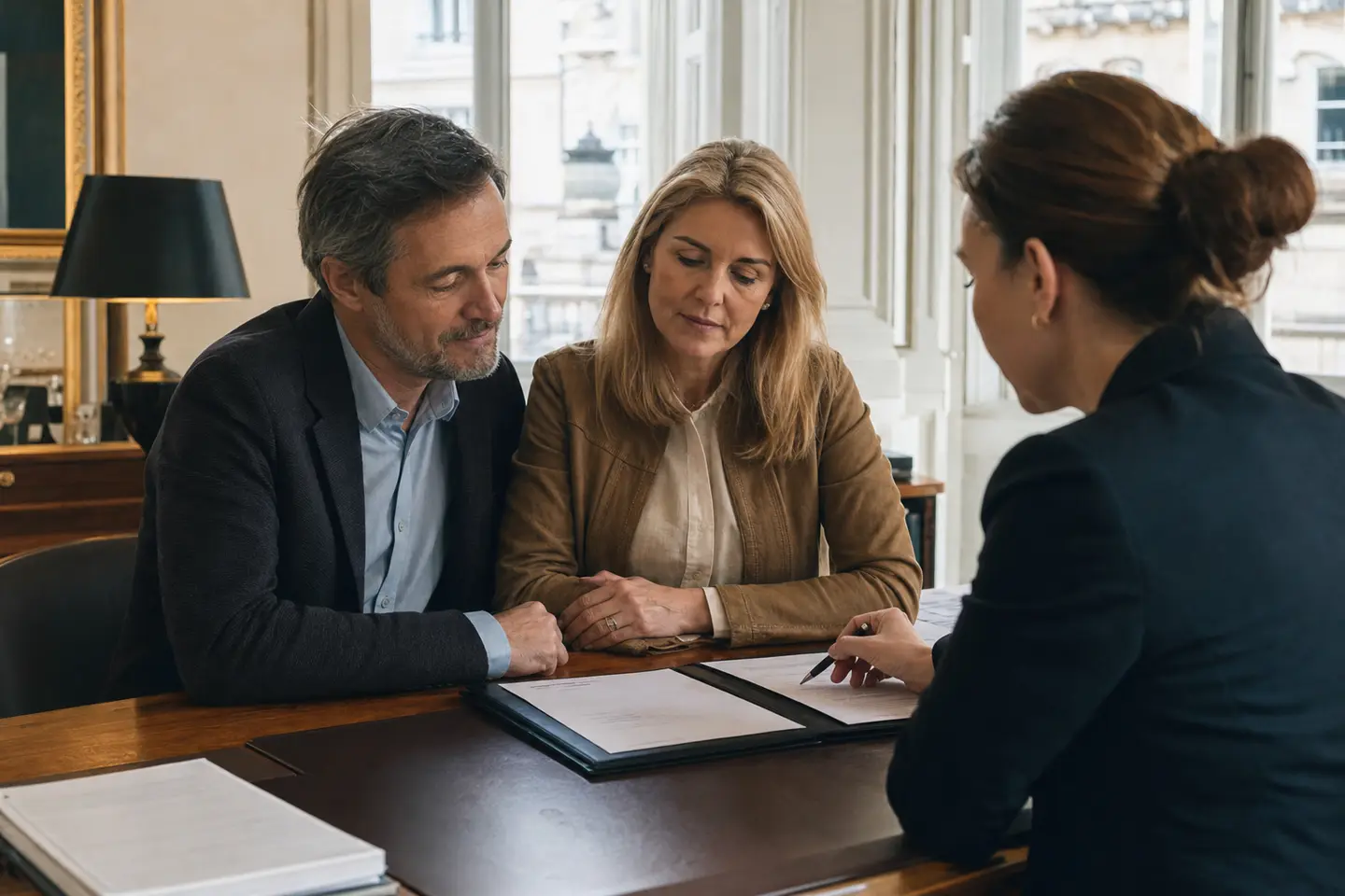 Un couple signe un avenant d'acceptation de bénéficiaire d'assurance vie dans le bureau d'un notaire