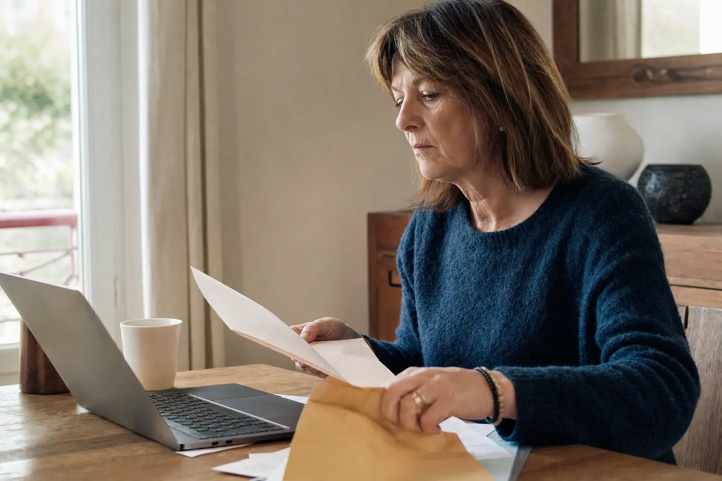 Une femme trie des documents administratifs et un courrier à sa table, ordinateur portable ouvert, pour lancer une recherche de contrat d'assurance vie