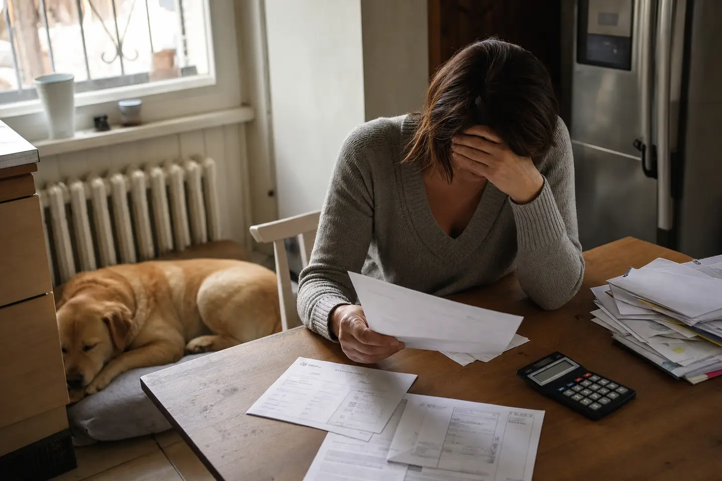 Un propriétaire examine une facture vétérinaire à sa table de cuisine, son chien endormi à côté de lui