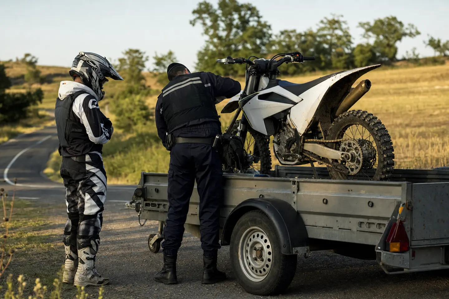 Contrôle par la gendarmerie d’une moto cross non homologuée transportée sur une remorque au bord d’une route de campagne française