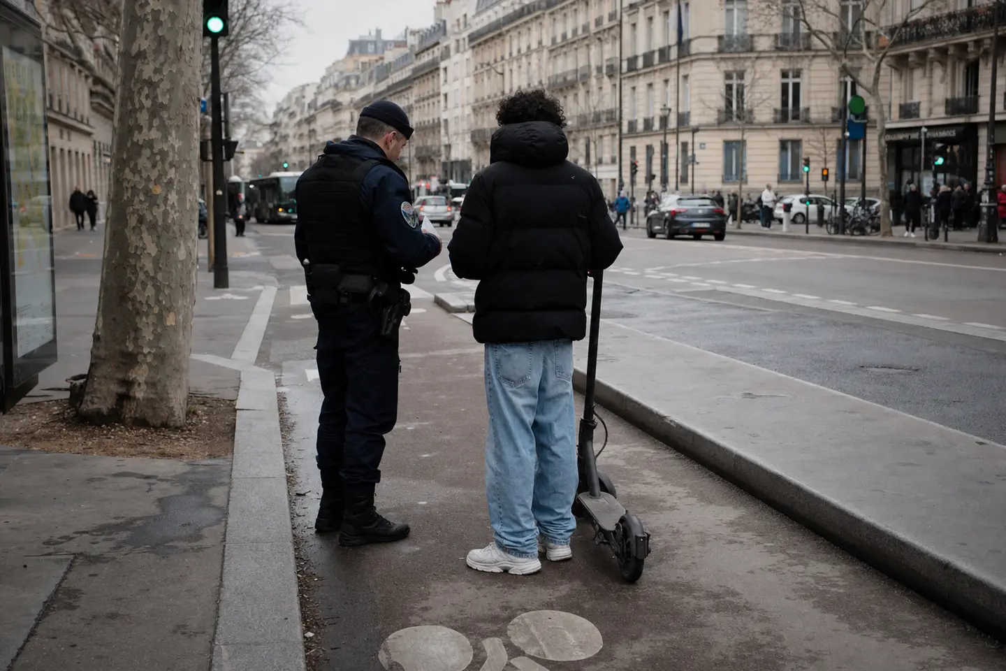 Contrôle de police d'un conducteur de trottinette électrique arrêté sur une piste cyclable en ville
