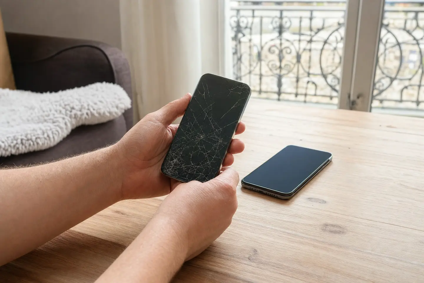Un smartphone à l'écran fissuré posé à côté d'un téléphone intact sur une table en bois, illustrant le choix entre réparation Apple et assurance mobile