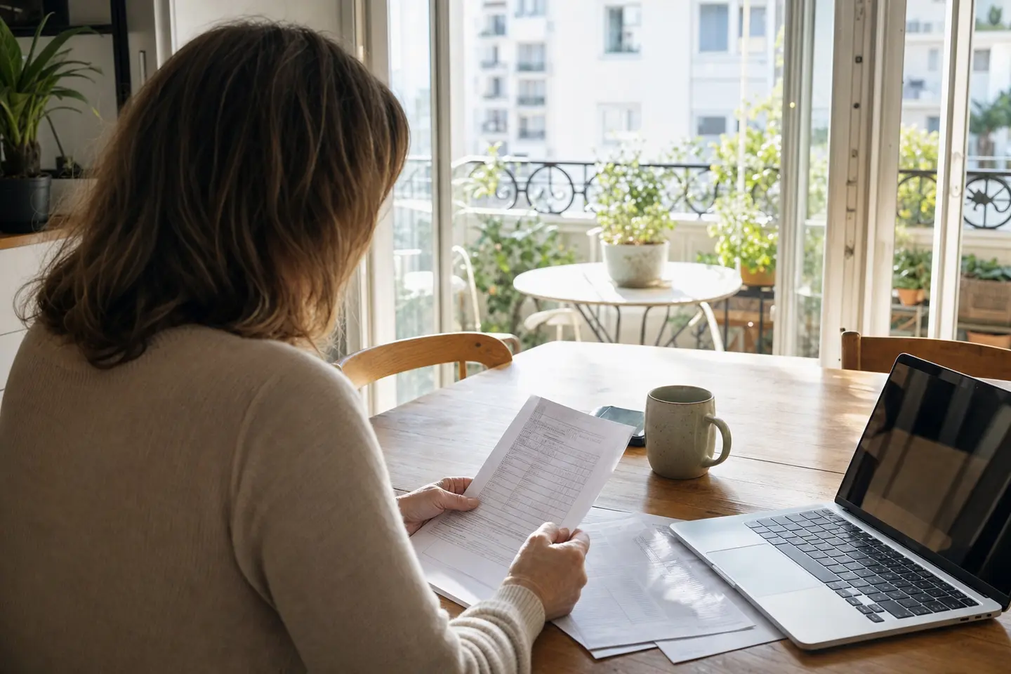 Femme assise à une table de cuisine triant des documents d'arrêt de travail à côté d'un ordinateur portable.
