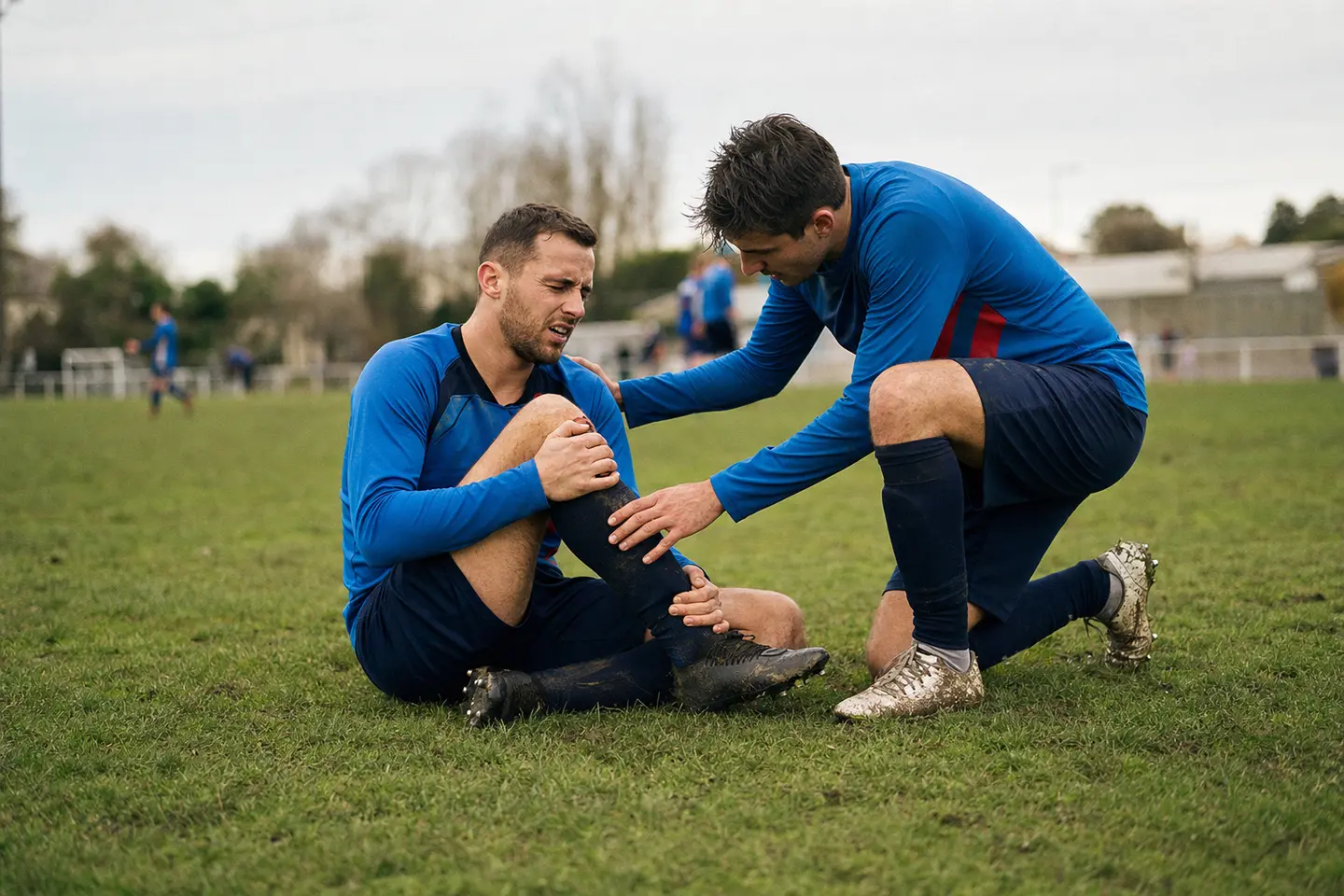 Footballeur amateur blessé au genou sur un terrain municipal, aidé par un coéquipier, illustration des accidents de sport et de leur indemnisation
