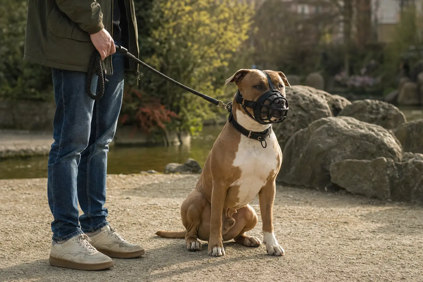 American staff musculeux tenu en laisse et muselé par son maître dans un parc, illustration de la détention encadrée d'un chien catégorisé