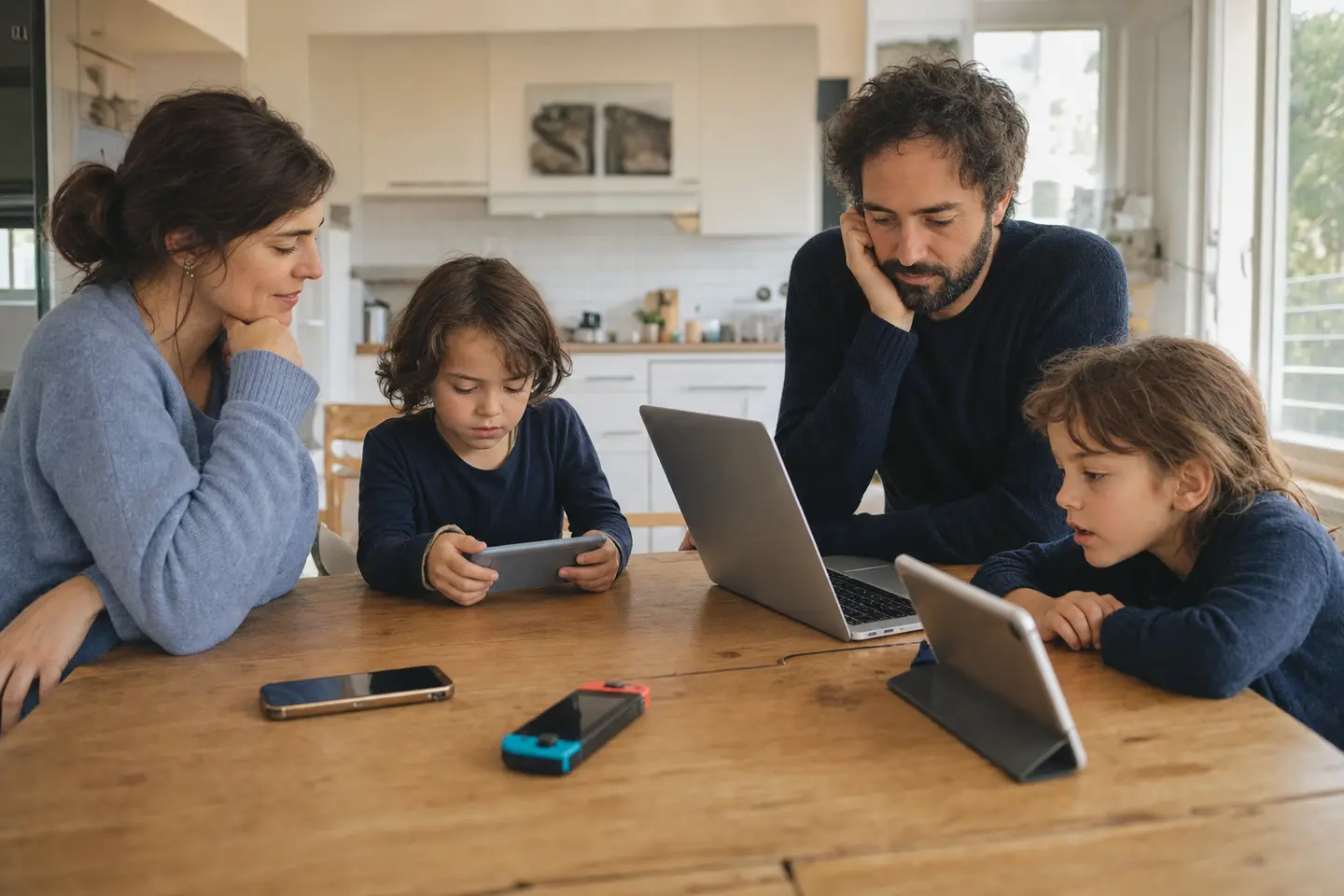 Un smartphone, un ordinateur portable, une tablette et une console posés ensemble sur une table de cuisine dans un appartement