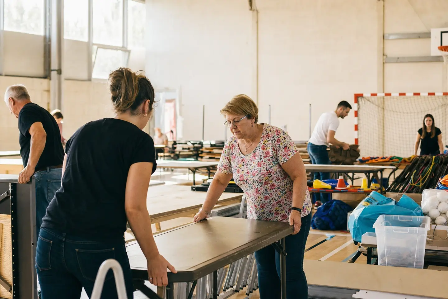 Bénévoles d'une association préparant une salle communale pour un événement en France