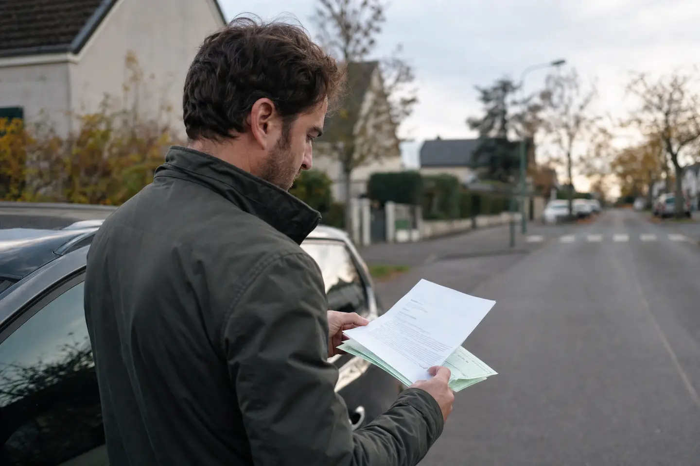 Conducteur lisant la notification de suspension de son permis à côté de sa voiture avant de la déclarer à son assureur
