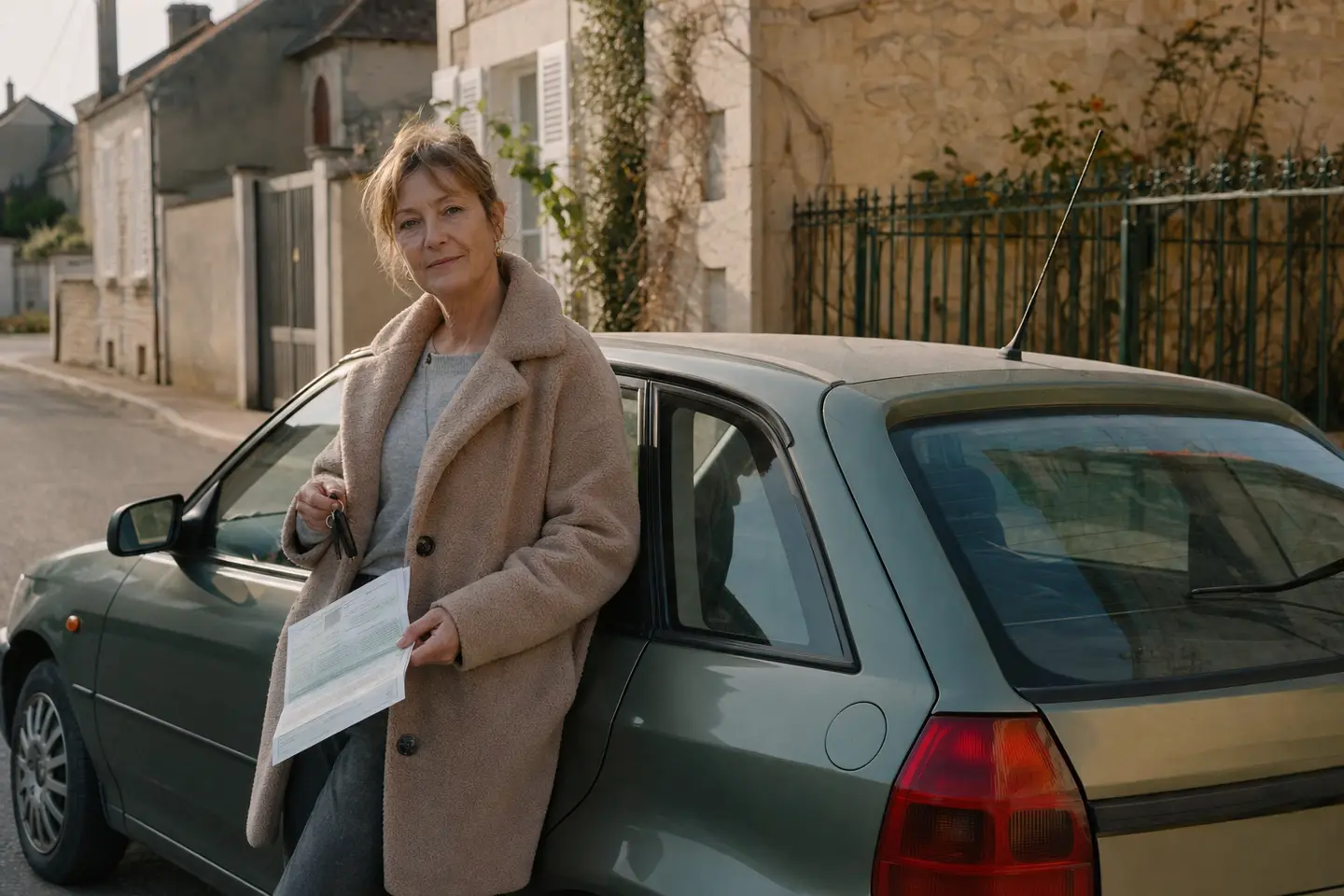Une conductrice devant sa citadine ancienne assurée au tiers, attestation d'assurance à la main, dans une rue de village