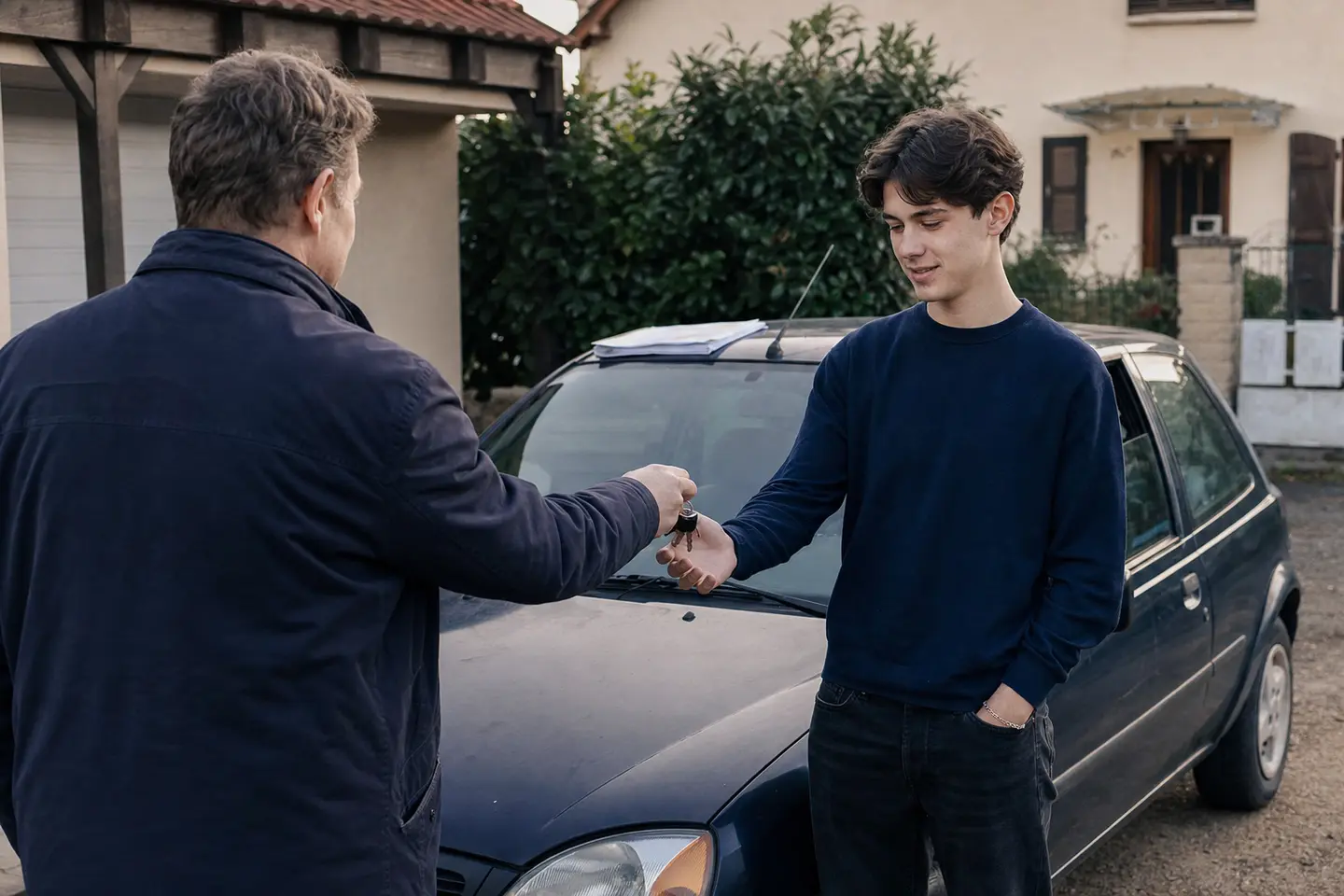 Jeune conducteur recevant les clés de sa première voiture devant le domicile familial, contrat d'assurance posé sur le toit du véhicule