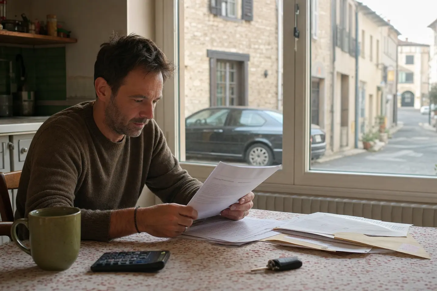 Conducteur malussé comparant des devis d'assurance auto à sa table de cuisine, clés de voiture et calculatrice posées sur les documents