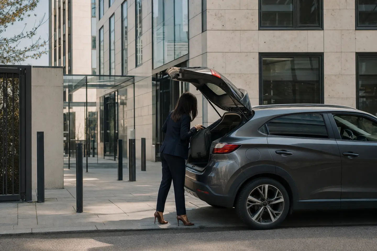 Salariée chargeant sa sacoche dans le coffre de sa voiture personnelle devant des bureaux avant un déplacement professionnel
