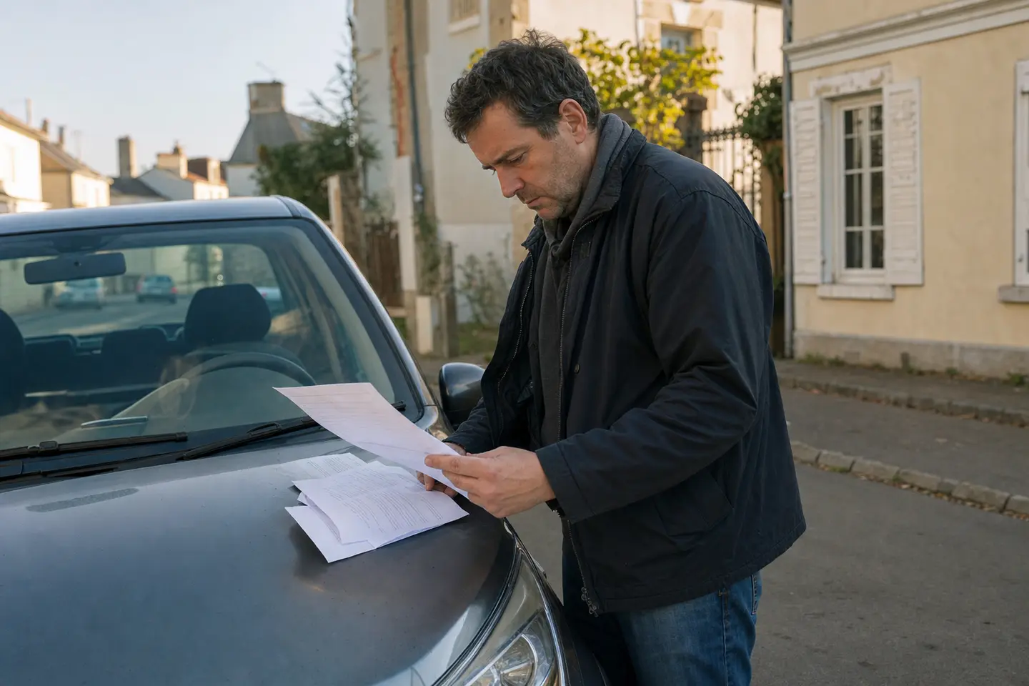 Conducteur comparant des offres d'assurance auto, documents posés sur le capot de sa voiture dans une rue résidentielle française