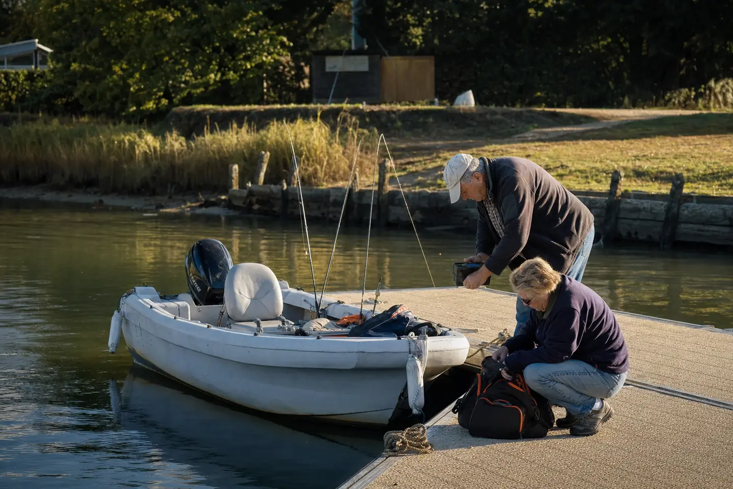 Petite barque de pêche à moteur amarrée à un ponton dans un port fluvial français