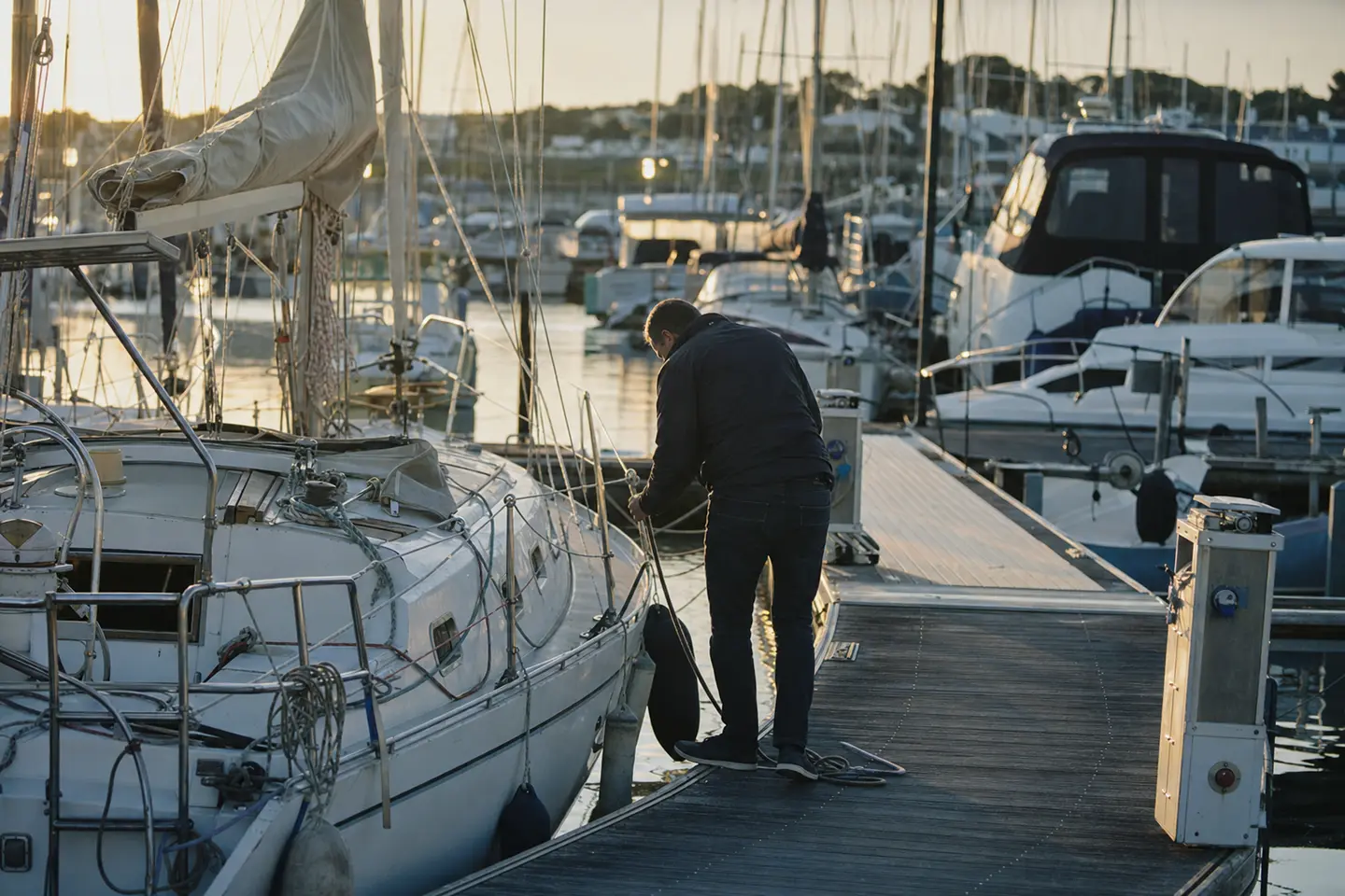 Plaisancier vérifiant les amarres de son voilier sur un ponton de port de plaisance français au coucher du soleil