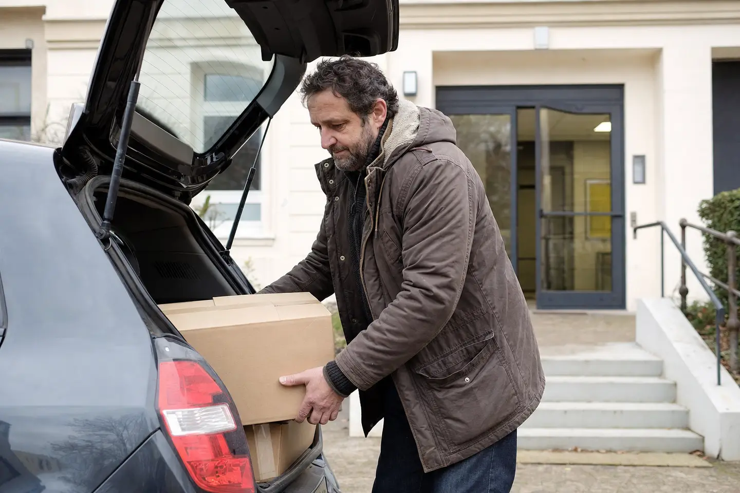 Bénévole chargeant des cartons dans le coffre de sa voiture personnelle pour une mission associative