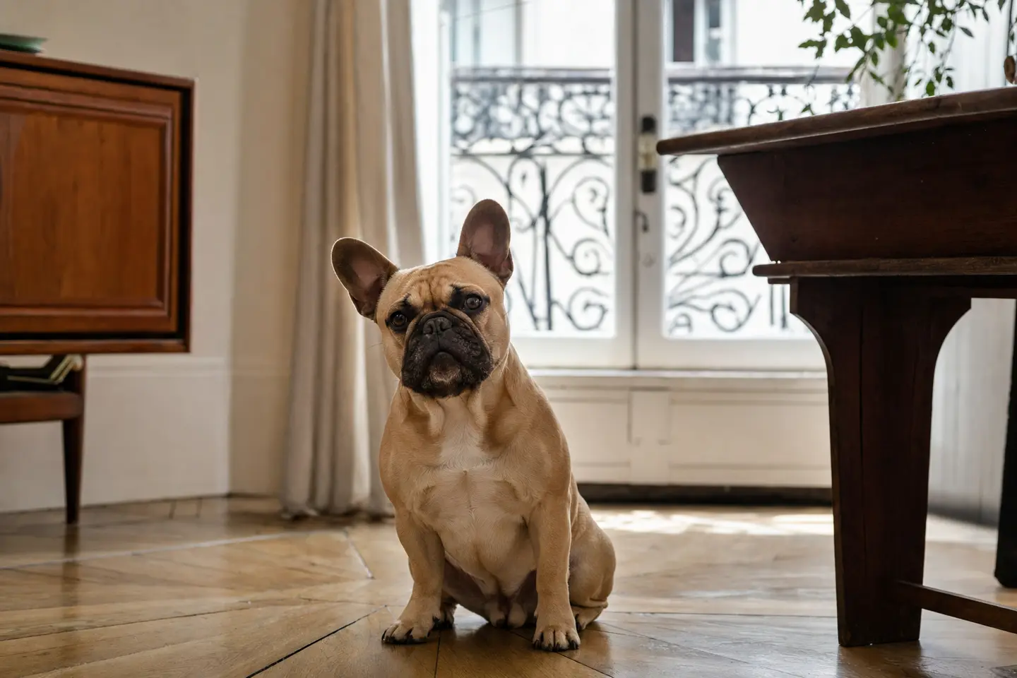 Un bouledogue français fauve assis sur un parquet dans un appartement lumineux