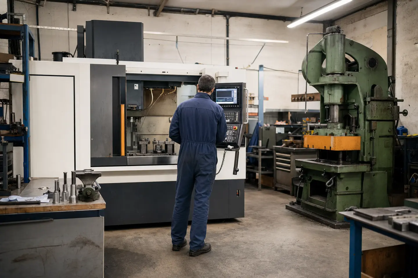 Technicien vérifiant le tableau de commande d'une machine-outil dans un atelier industriel, illustration de la protection de l'outil de production