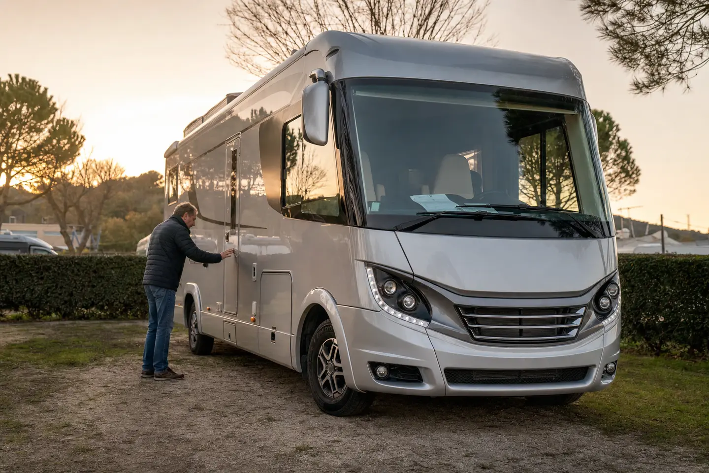 Camping-car intégral récent à baie panoramique stationné dans un camping français, propriétaire inspectant la carrosserie au petit matin