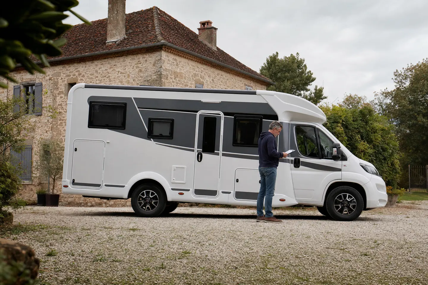 Camping-car profilé neuf stationné devant une maison, son propriétaire consulte les documents d'achat