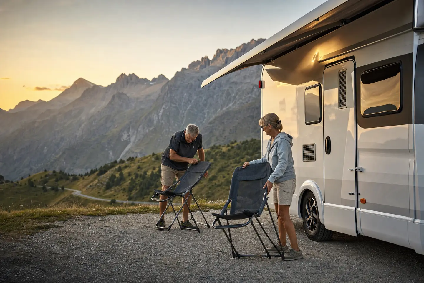 Camping-car profilé stationné face aux Alpes françaises au coucher du soleil, couple installant des chaises pliantes