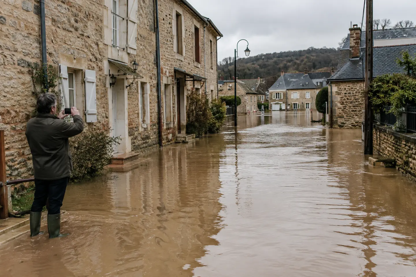 Rue résidentielle inondée après une crue, un habitant photographie les dégâts devant sa maison
