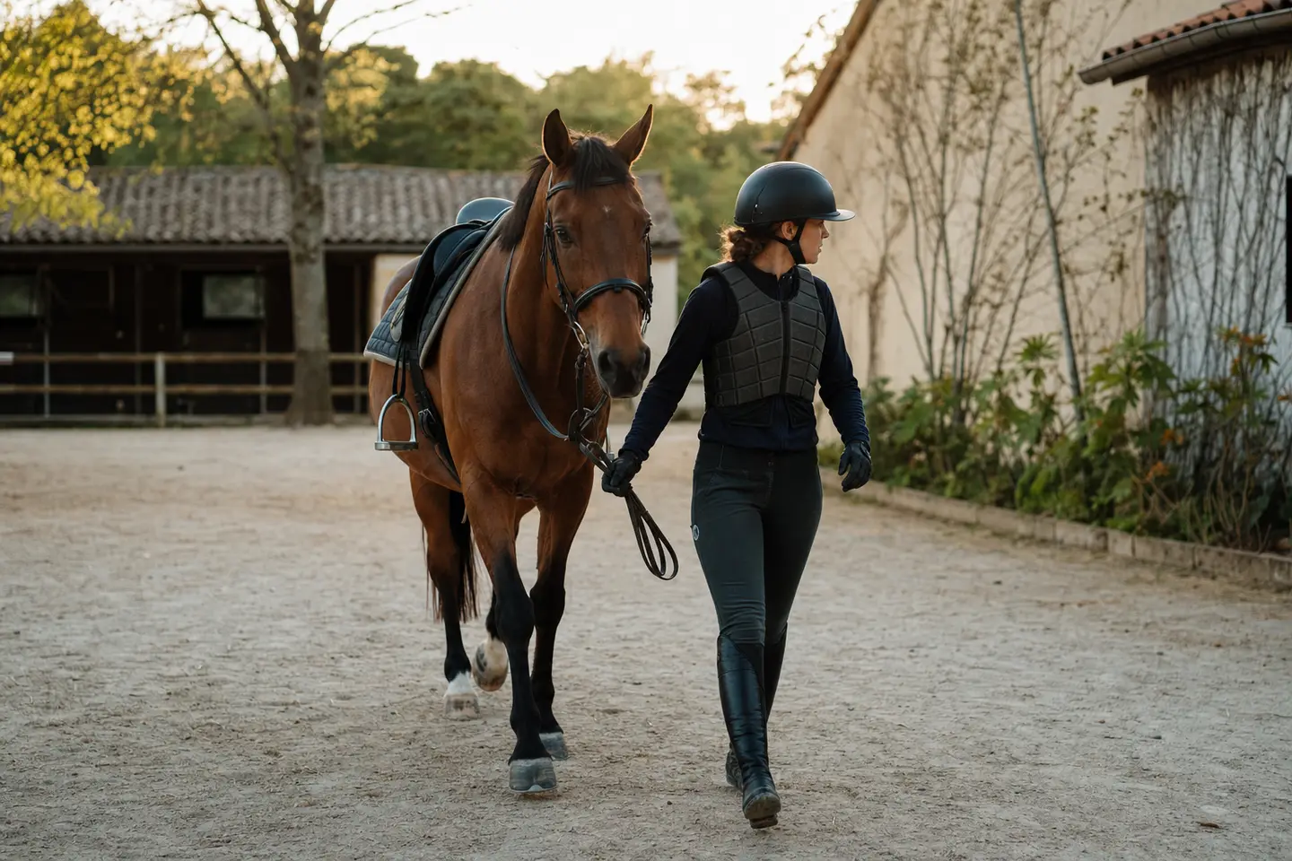 Une cavalière casquée mène son cheval bai dans la cour d'un centre équestre à la lumière du soir