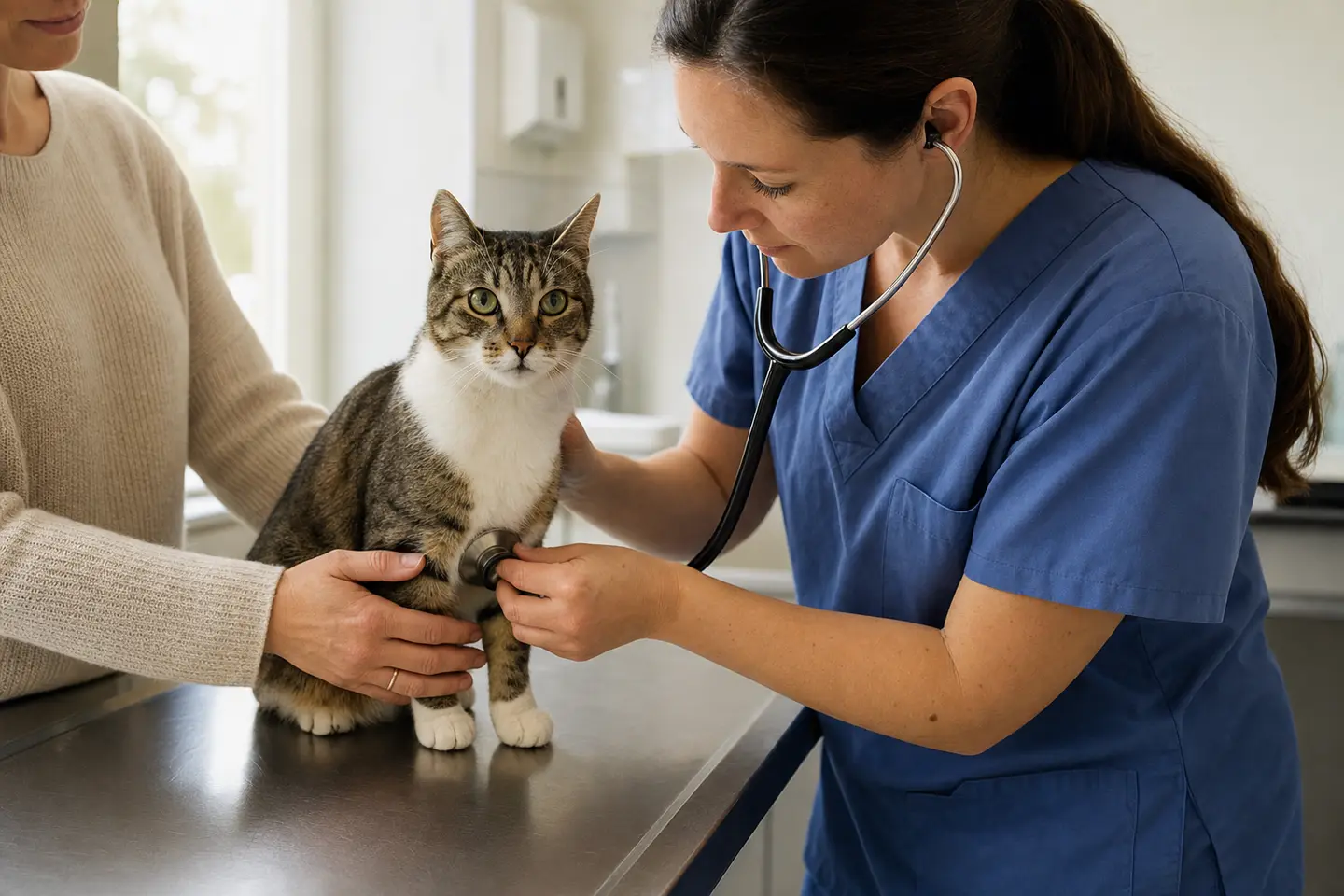 Un chat européen ausculté au stéthoscope par une vétérinaire, les mains de sa propriétaire le rassurant sur la table d'examen