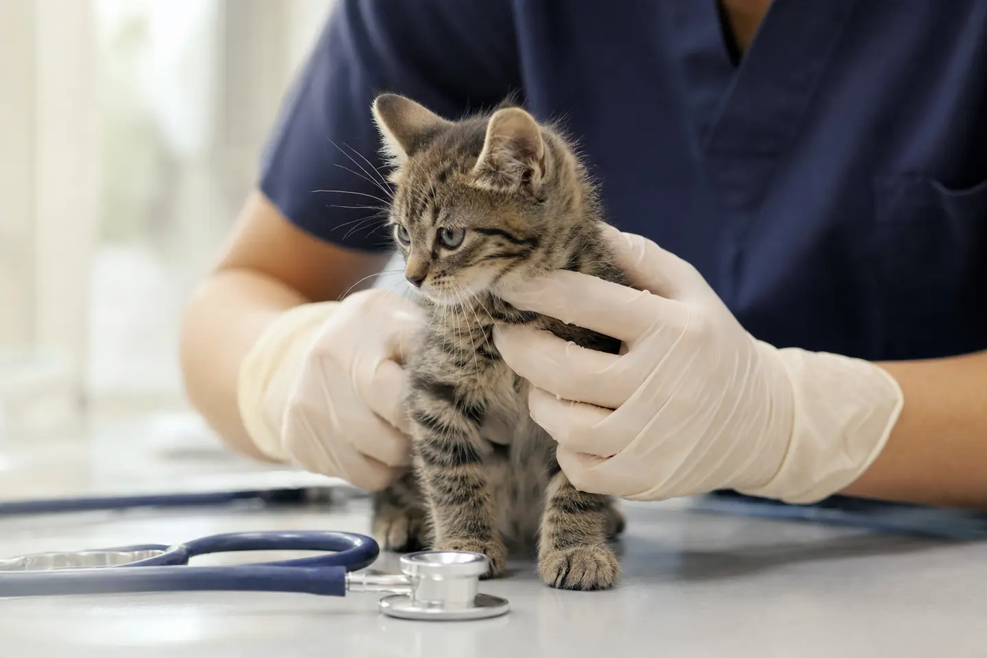 Un chaton tigré examiné avec douceur par un vétérinaire lors de sa première consultation