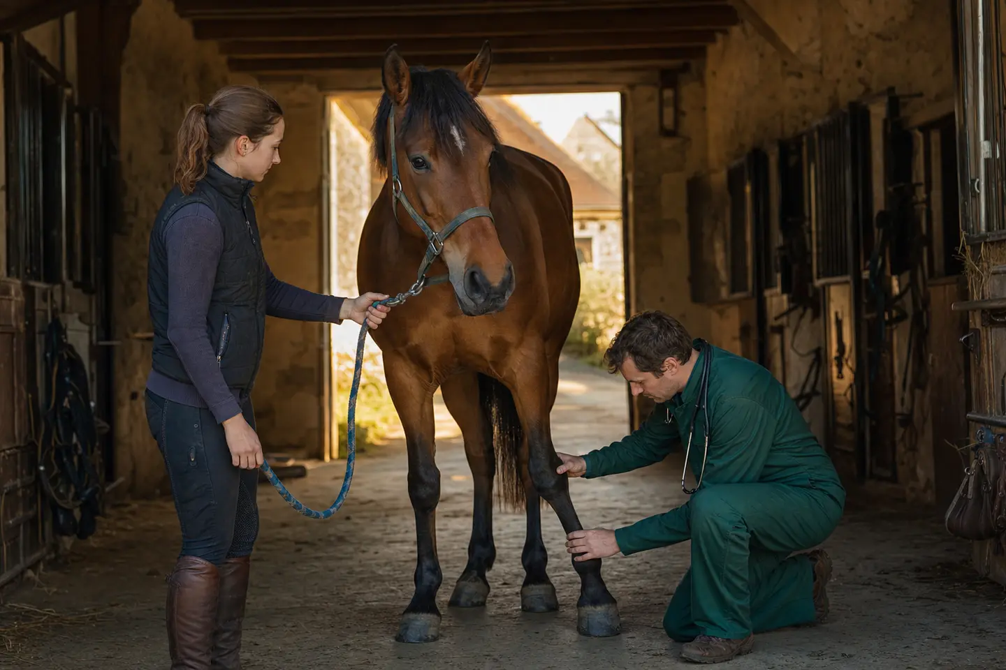Un vétérinaire examine la jambe d'un cheval bai tenu par son propriétaire dans l'allée d'une écurie