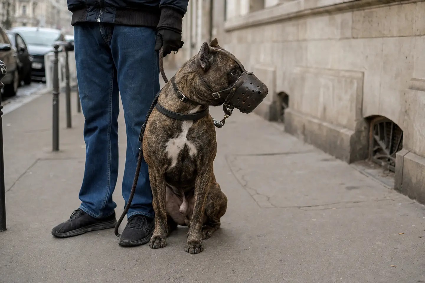 Un chien de catégorie muselé et tenu en laisse, assis calmement aux côtés de son maître sur un trottoir
