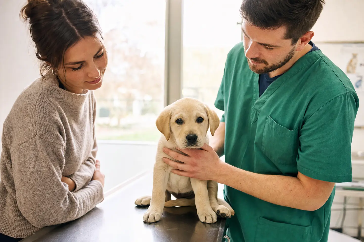 Un chiot labrador examiné par une vétérinaire sur une table de consultation, son propriétaire à côté