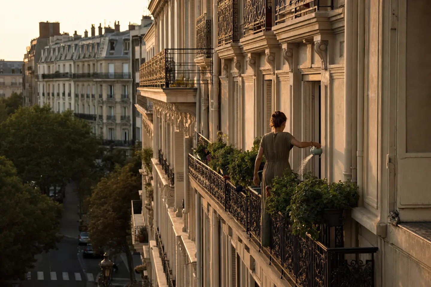 Façade d’un immeuble haussmannien en copropriété avec balcons en fer forgé, en fin de journée