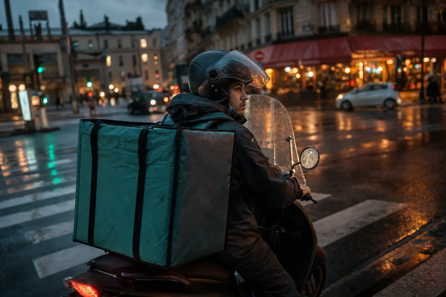 Livreur à scooter avec sac de livraison isotherme à un carrefour urbain au crépuscule, illustrant l'assurance d'un coursier-livreur