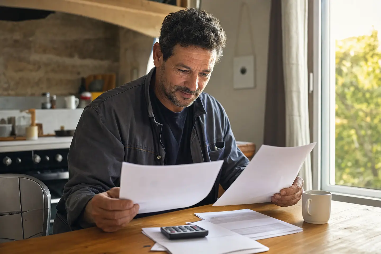Artisan du bâtiment comparant deux devis d'assurance décennale avec une calculatrice sur sa table