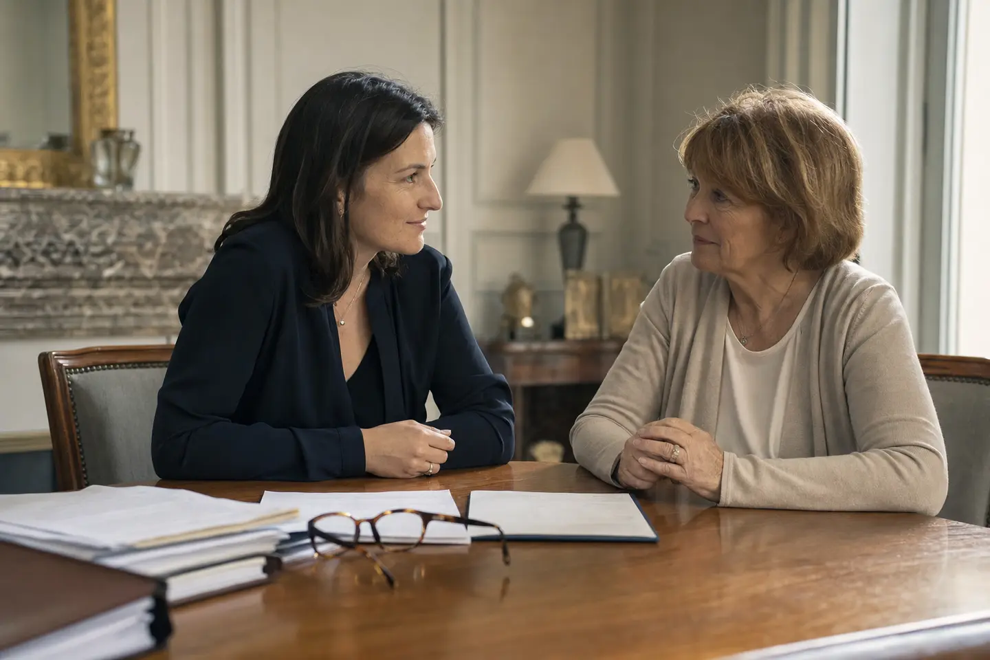 Rendez-vous familial autour de documents de succession, illustrant le versement du capital d'assurance décès hors héritage