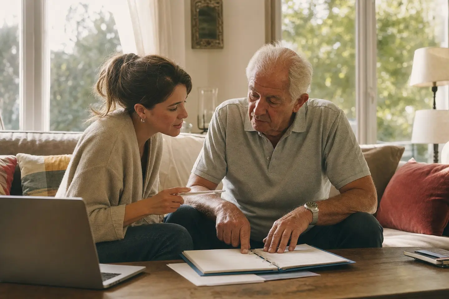 Un père senior et sa fille comparant une assurance décès et une assurance obsèques dans leur salon