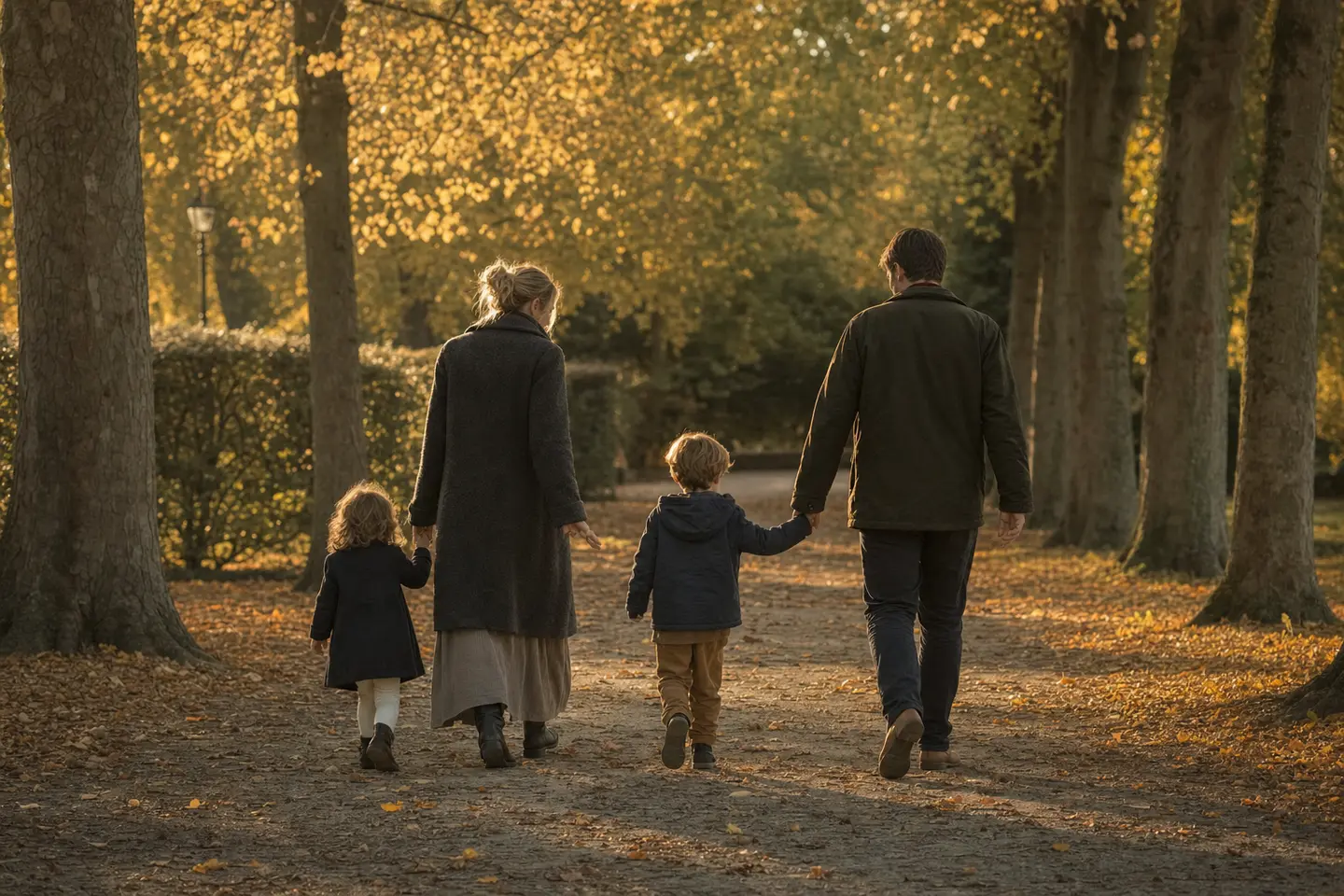 Parents tenant leurs enfants par la main dans une allée de parc, symbole de la protection familiale offerte par l'assurance décès