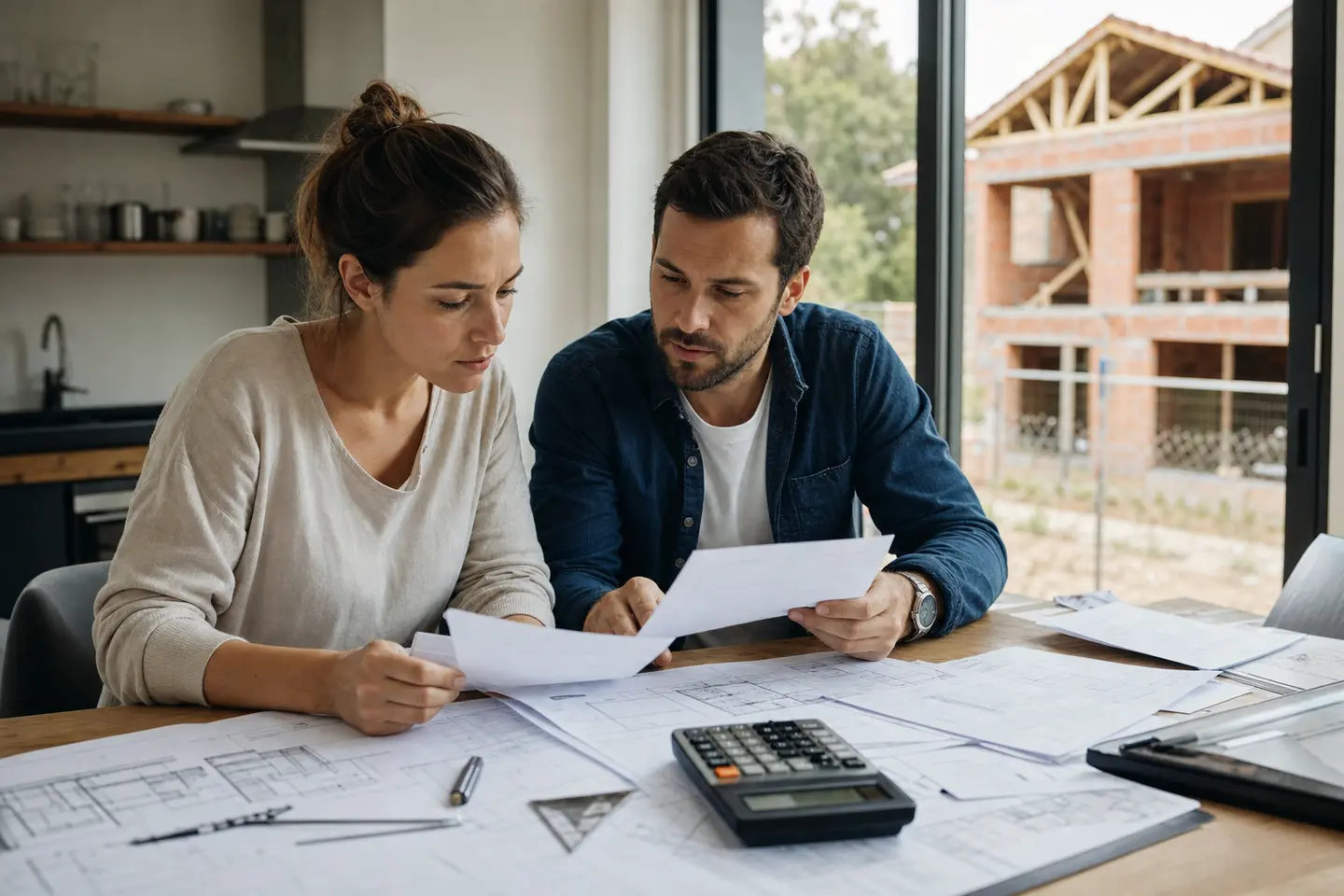 Couple comparant plusieurs devis d'assurance dommage ouvrage devant les plans de leur future maison