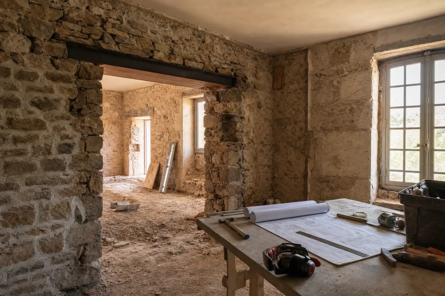 Chantier de rénovation avec ouverture d'un mur porteur dans une maison ancienne en pierre