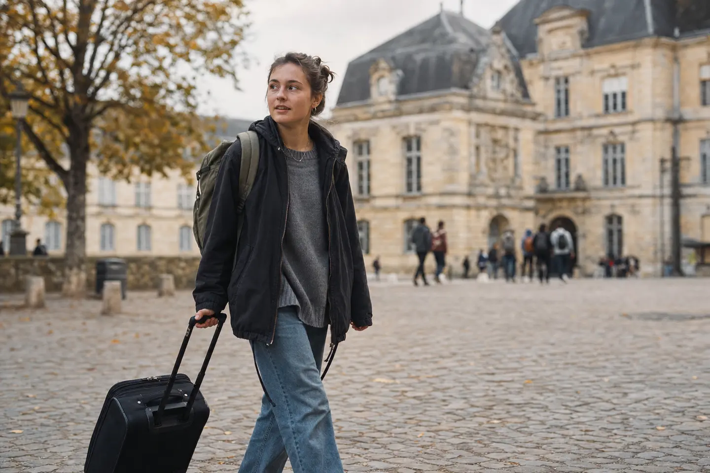 Étudiante française avec sac à dos et valise traversant un campus universitaire européen à l'automne