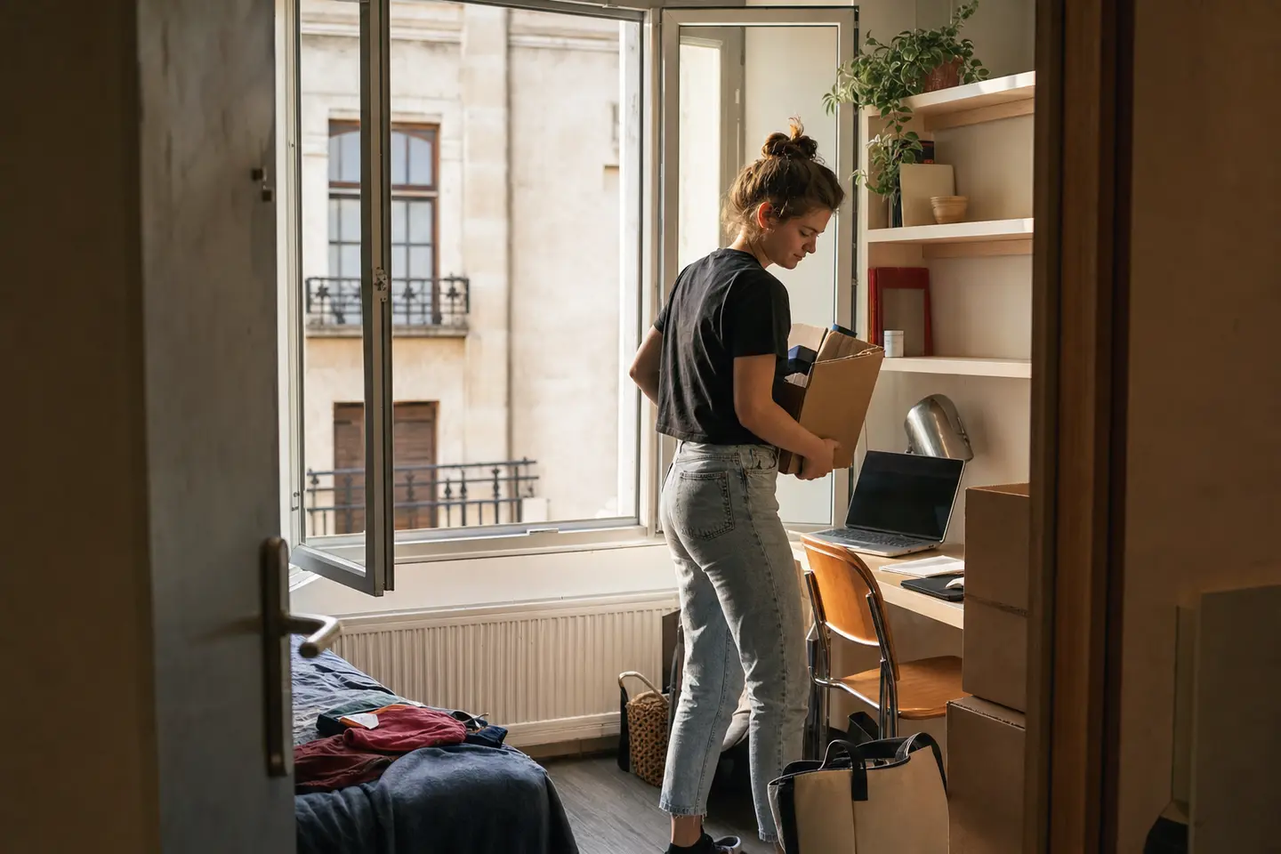 Étudiante emménageant dans son studio meublé, cartons et ordinateur portable posés sur le bureau