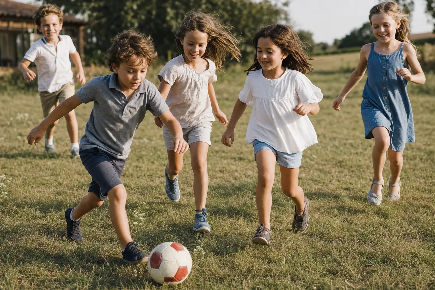 Enfants jouant en plein air dans un centre aéré l'été, activité extrascolaire encadrée