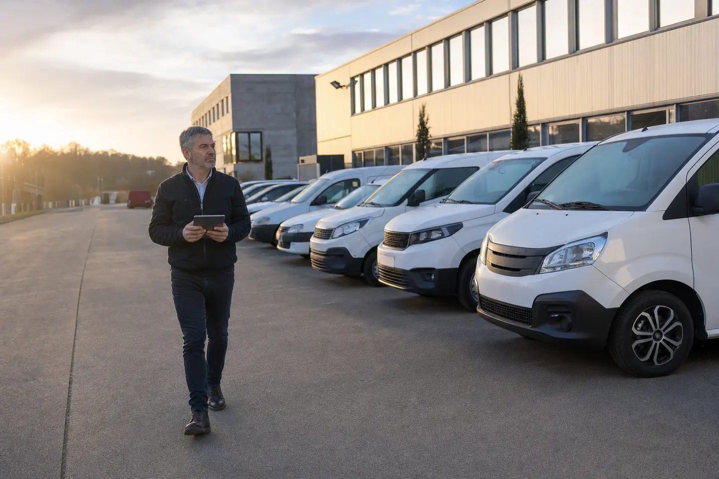 Gestionnaire de parc contrôlant une flotte de véhicules d'entreprise alignés sur le parking d'une zone d'activité