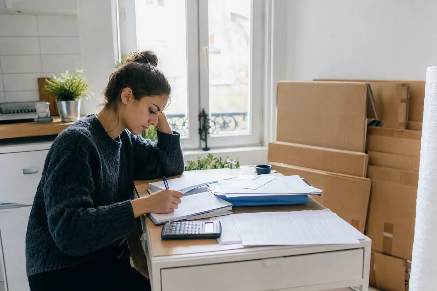 Étudiante à son bureau dans un petit studio, préparant son budget assurance habitation avant la rentrée