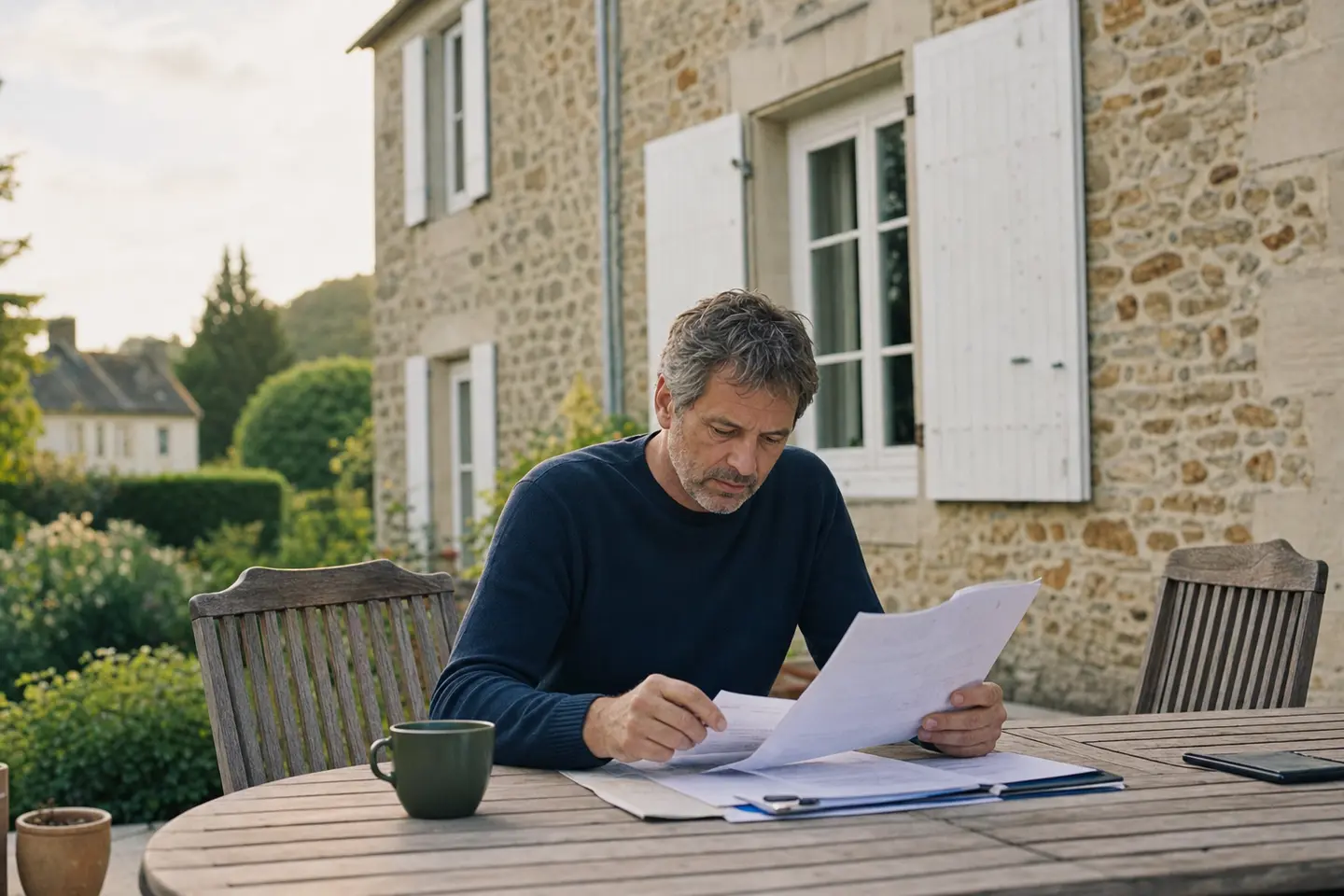 Un propriétaire relit son contrat d'assurance habitation devant sa maison individuelle en pierre