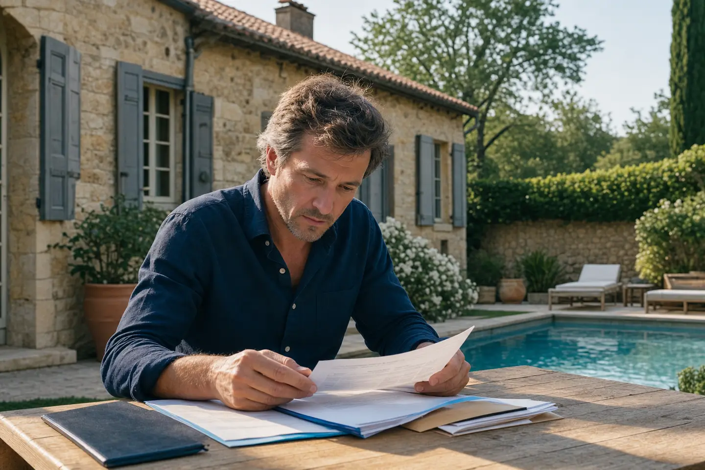 Un propriétaire relit son contrat multirisque habitation dans le jardin de sa maison en pierre, piscine en arrière-plan