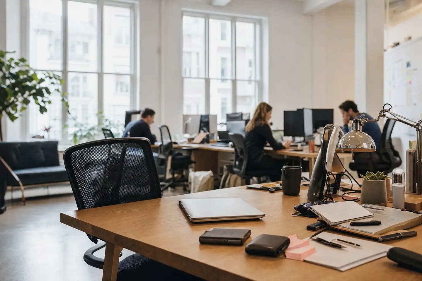 Bureau vide d'un dirigeant dans un espace de travail lumineux, l'équipe travaillant en arrière-plan, illustration de la dépendance d'une entreprise à une personne clé