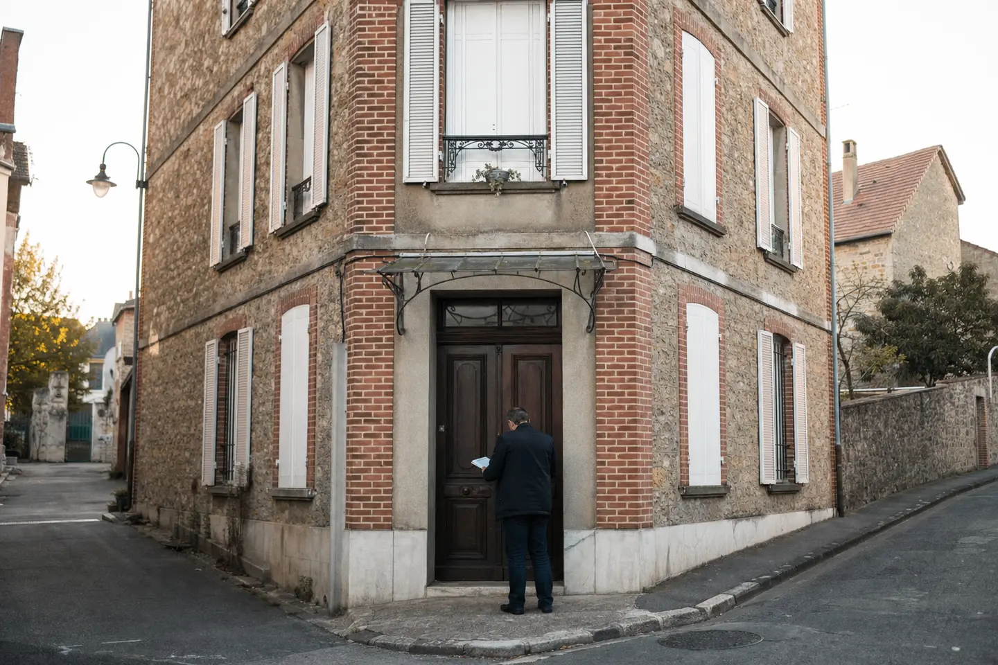 Petit immeuble de rapport de trois étages à l'angle d'une rue française, propriétaire vérifiant la porte d'entrée