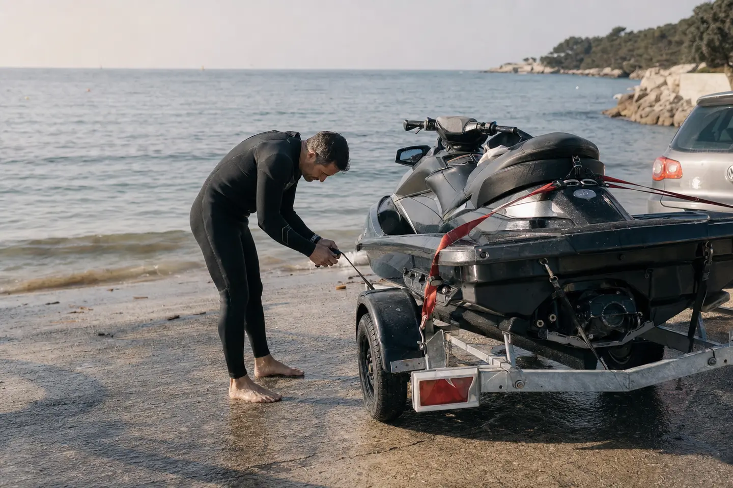 Propriétaire vérifiant l'arrimage de son jet-ski sur sa remorque avant la mise à l'eau sur une cale du littoral français